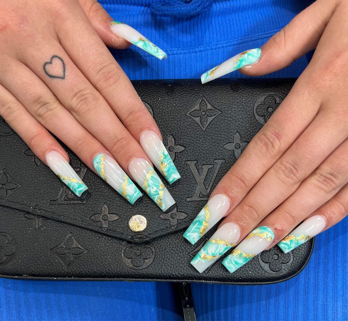 Teal and gold marble nail art
